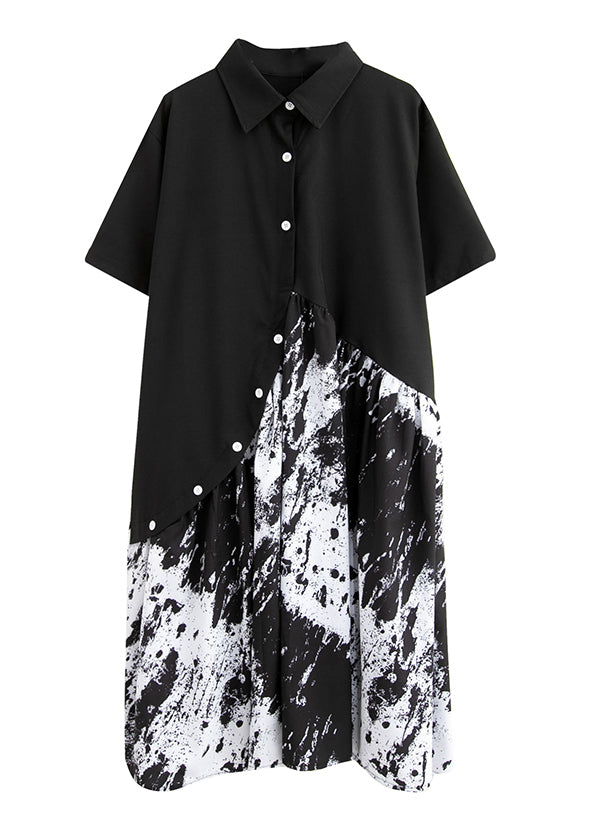 Black Peter Pan Collar Button Asymmetrical Print Shirt Dress Short Sleeve