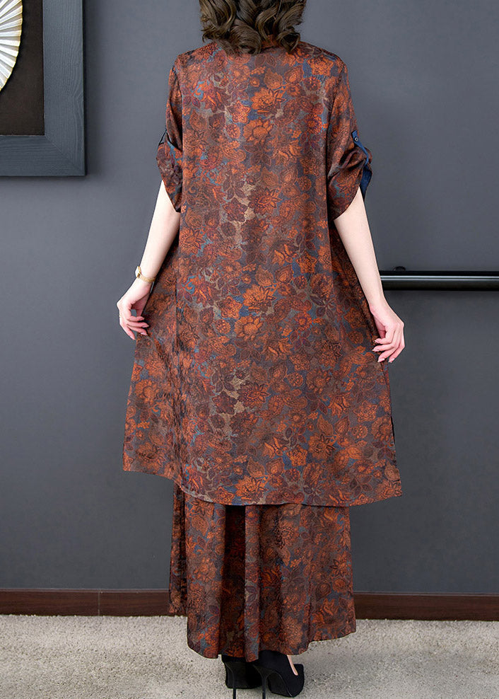 Stand Collar Print Low High Design Long Top and Wide Leg Pants Two Pieces Set Summer