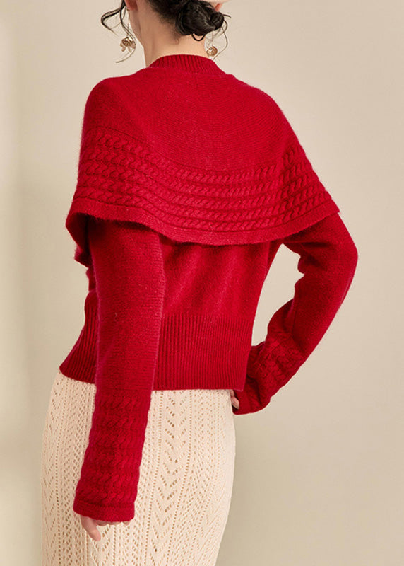 Vogue Red Button Shawl Fake Two Pieces Thick Cotton Knit Sweater Fall