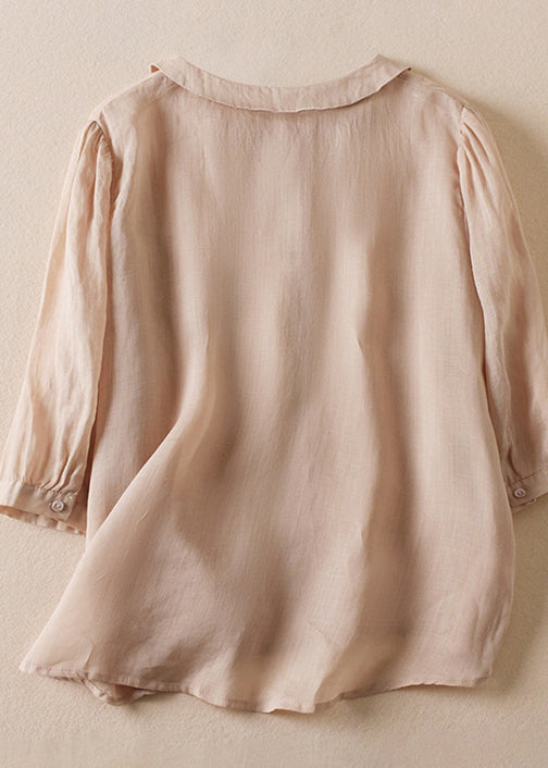 Pink Peter Pan Collar Button Linen Shirt Bracelet Sleeve