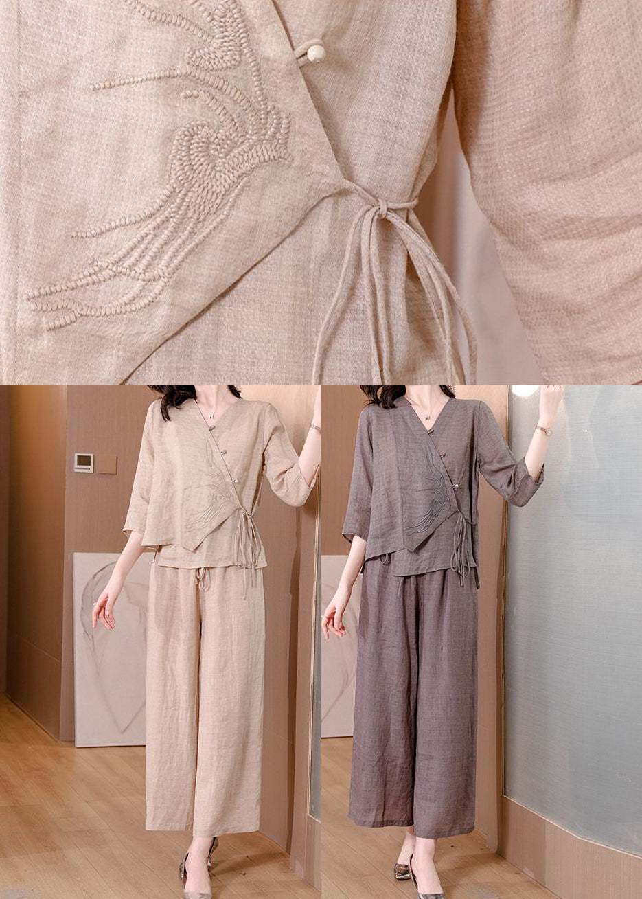 Beige Asymmetrical Tie Waist Linen Two Pieces Set Spring