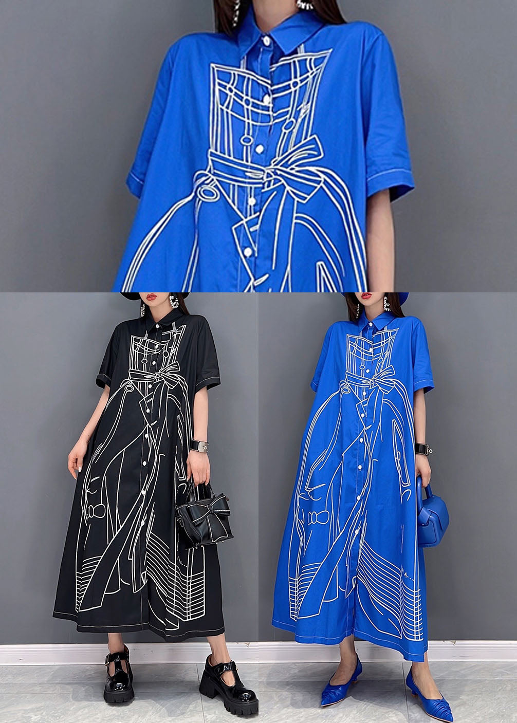 Black Peter Pan Collar Print Cotton Linen Shirt Dress Short Sleeve