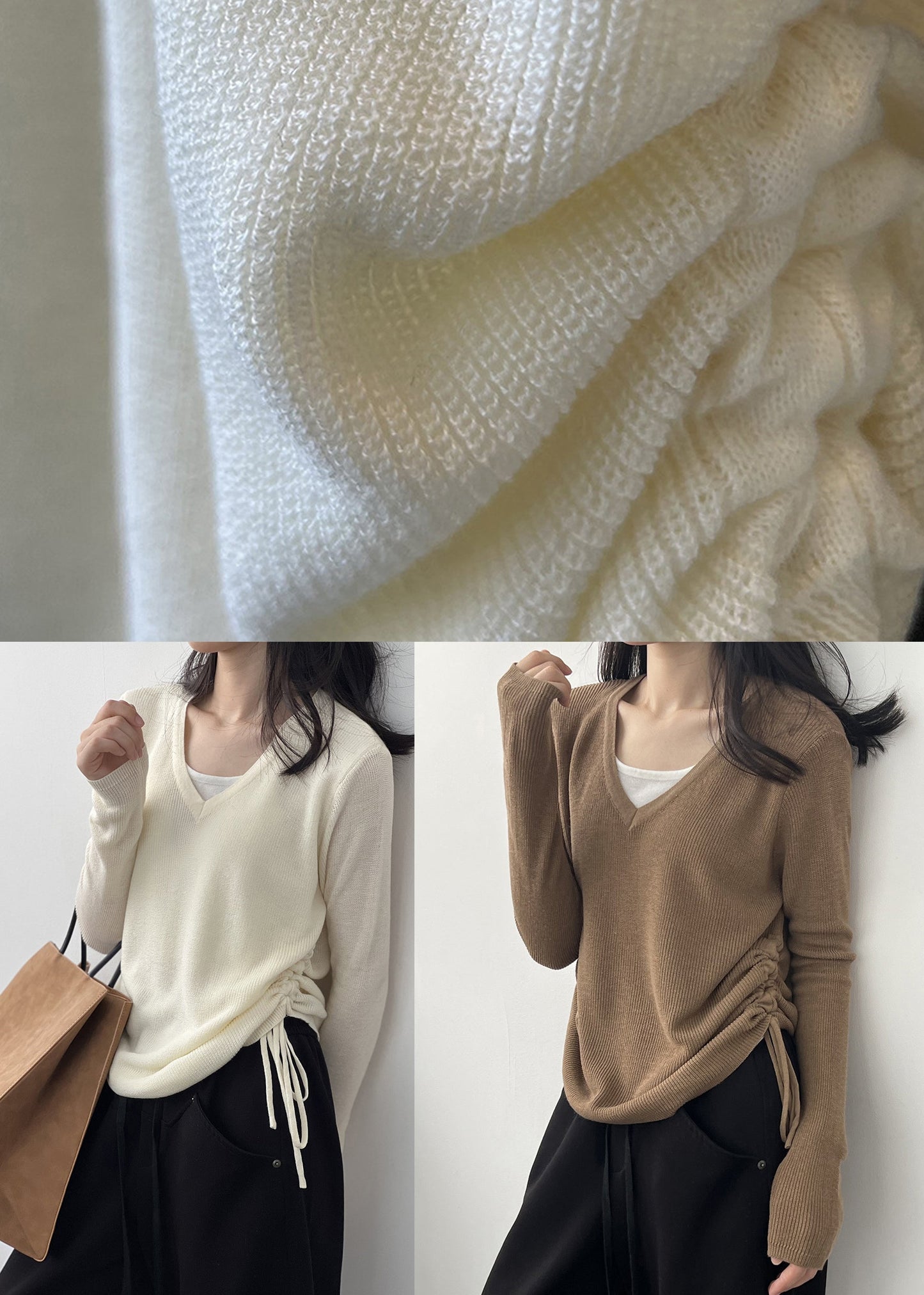 French Apricot V Neck Cinched Knit T Shirts Top Fall