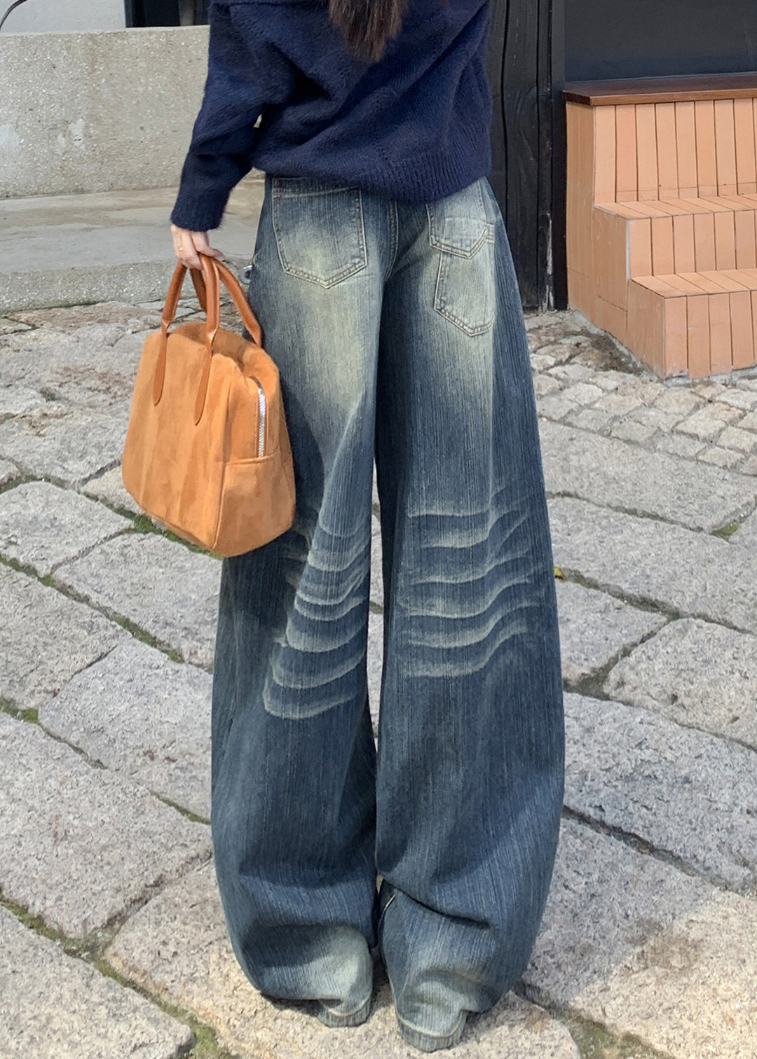 Blue Embroidered Pockets Denim Wide Leg Pants Spring