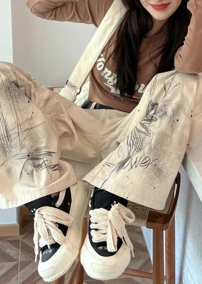 Beige High Waist Pockets Tie Dye Denim Straight Pants Fall