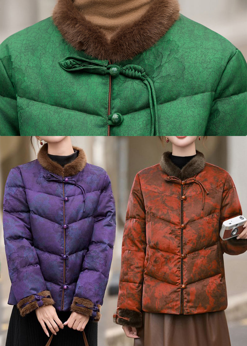 Retro Green Stand Collar Patchwork Duck Down Down Coats Winter
