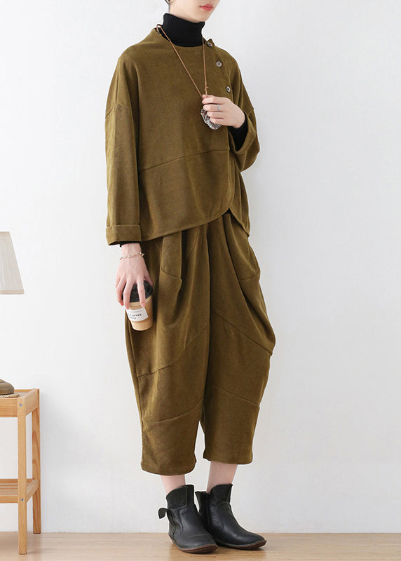 Boutique Mustard Green O-neck Velour Top and Crop Pants Two Pieces Set Fall