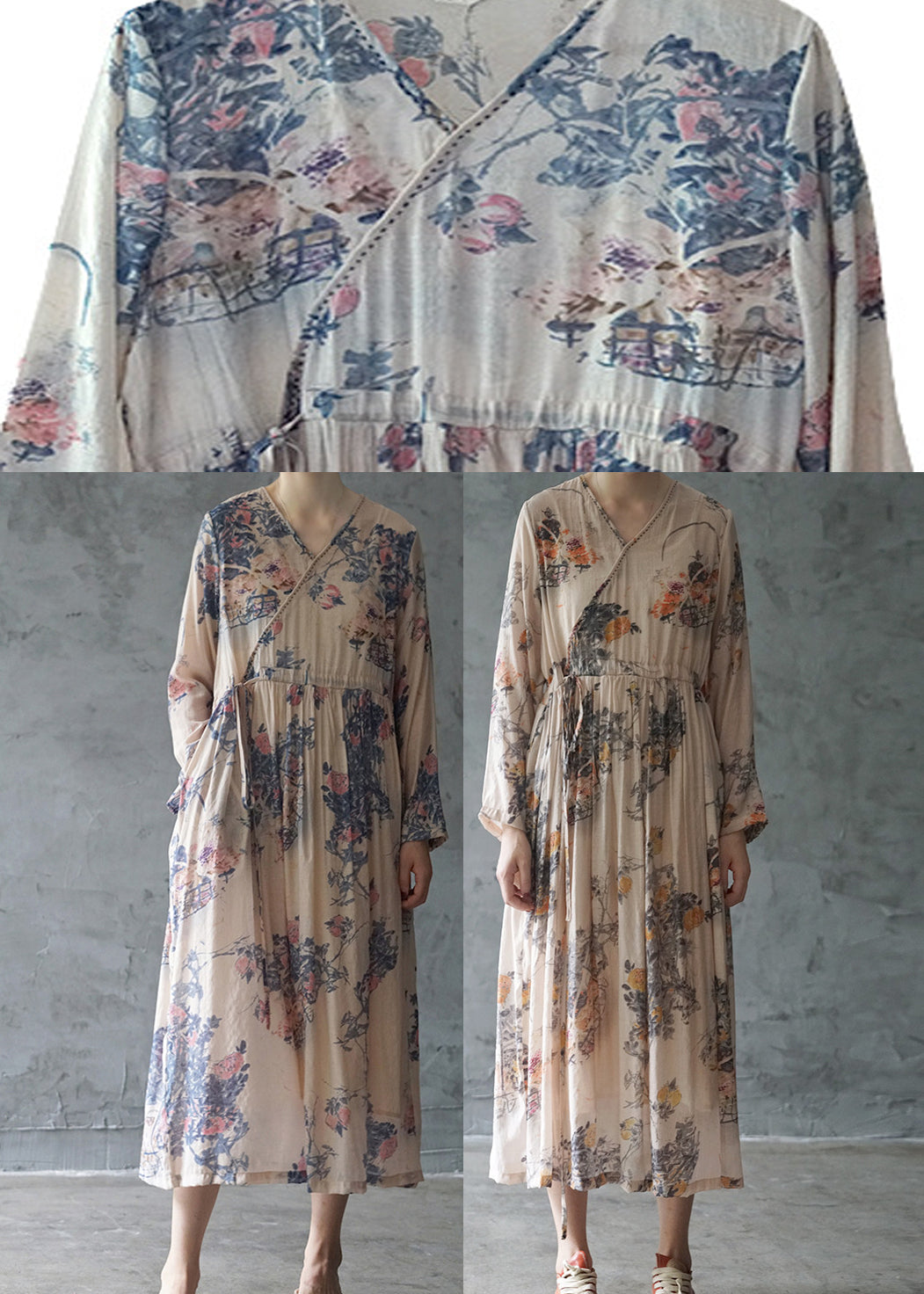 Blue Print Holiday Long Dress Tie Waist V Neck Long Sleeve