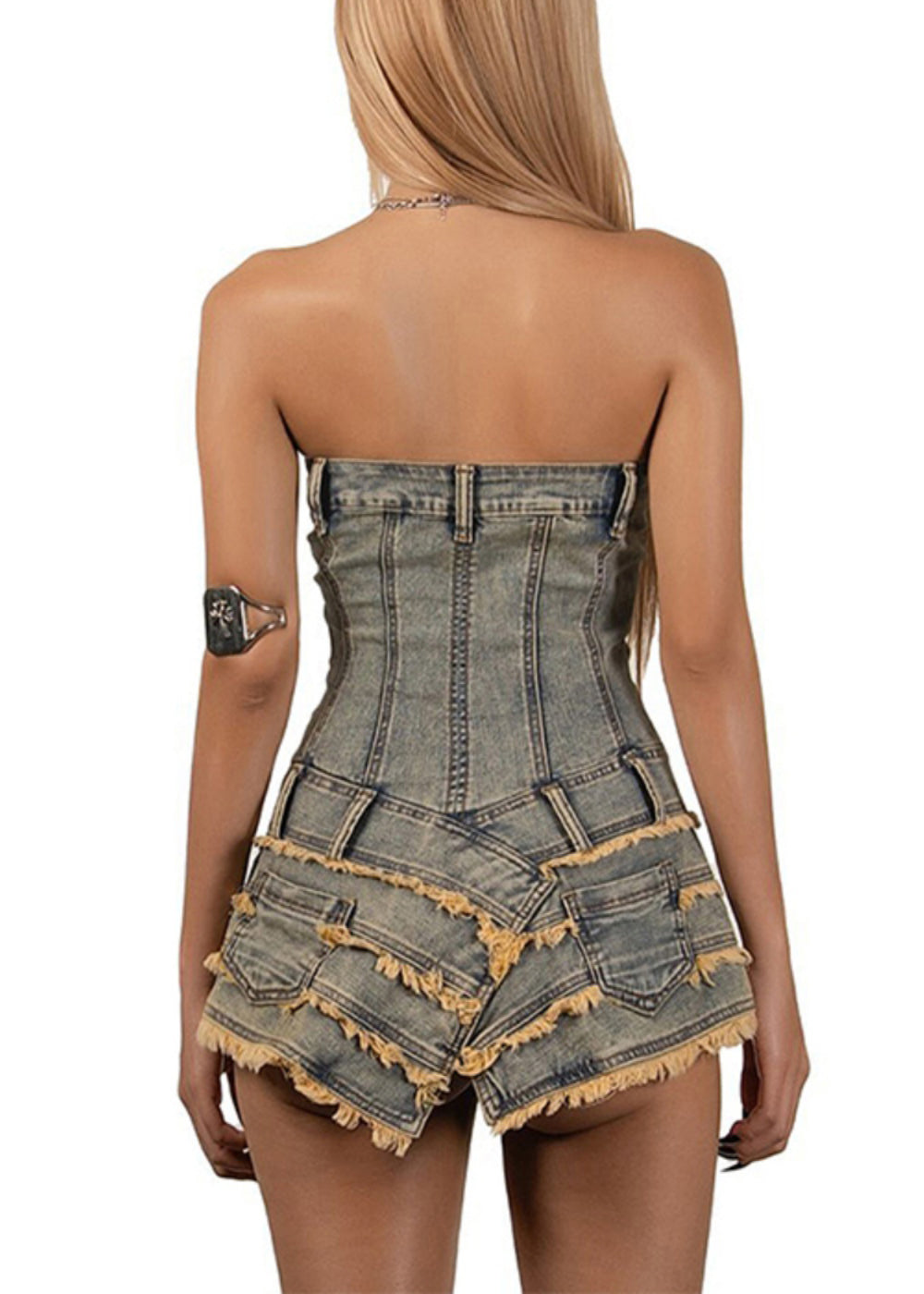 French Asymmetrical Strapless Denim Mini Dresses Sleeveless