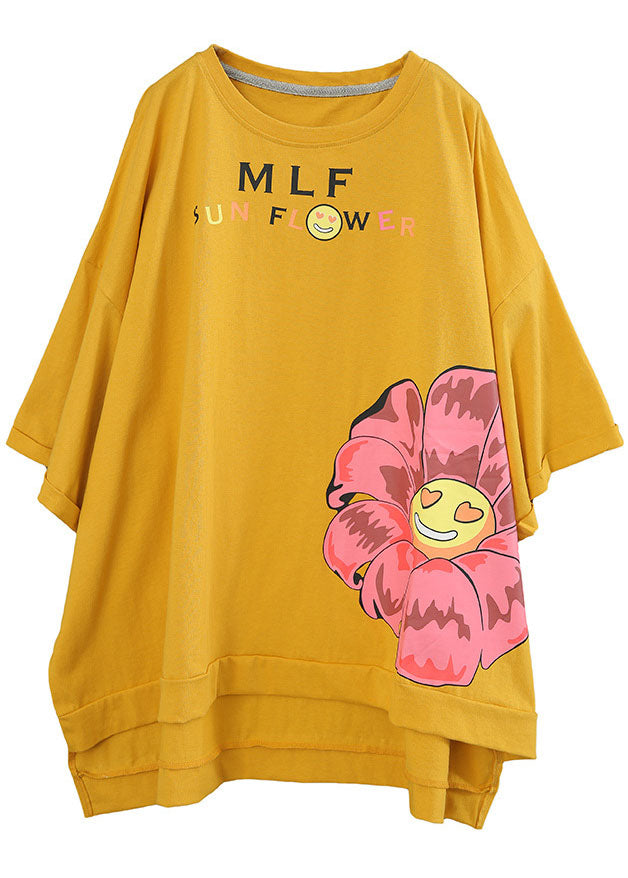Stylish Yellow Loose O-neck Print Low High Design Fall Tee Half Sleeve