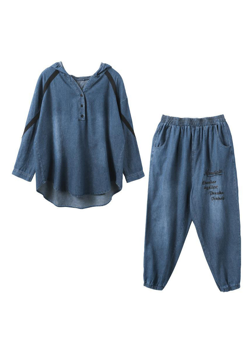 Denim Blue Embroideried Hooded Top and Pants Two Pieces Set Spring