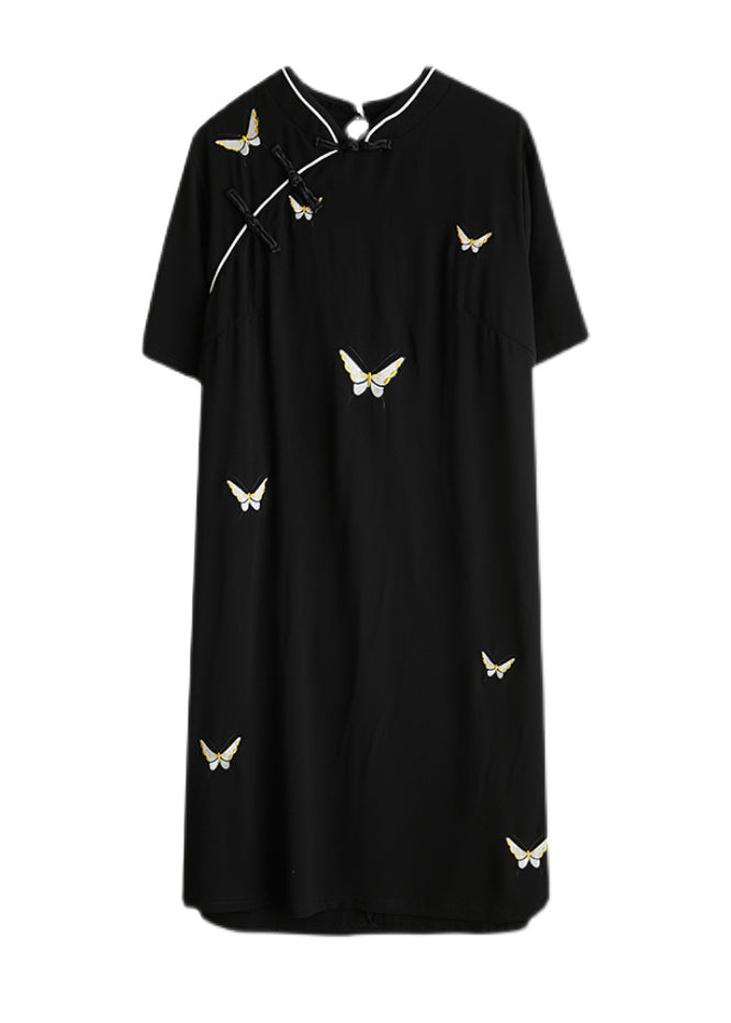 Black Stand Collar Button Butterfly Embroideried Cheongsam Dresses Short Sleeve