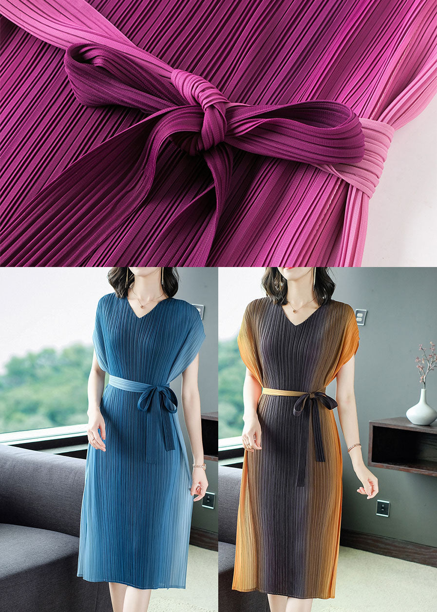 Rose Wrinkled Tie Waist Chiffon Vacation Dresses Summer