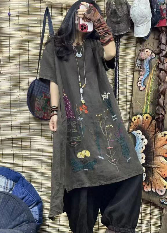 Purple O Neck Embroidered Linen Mid Dresses Summer