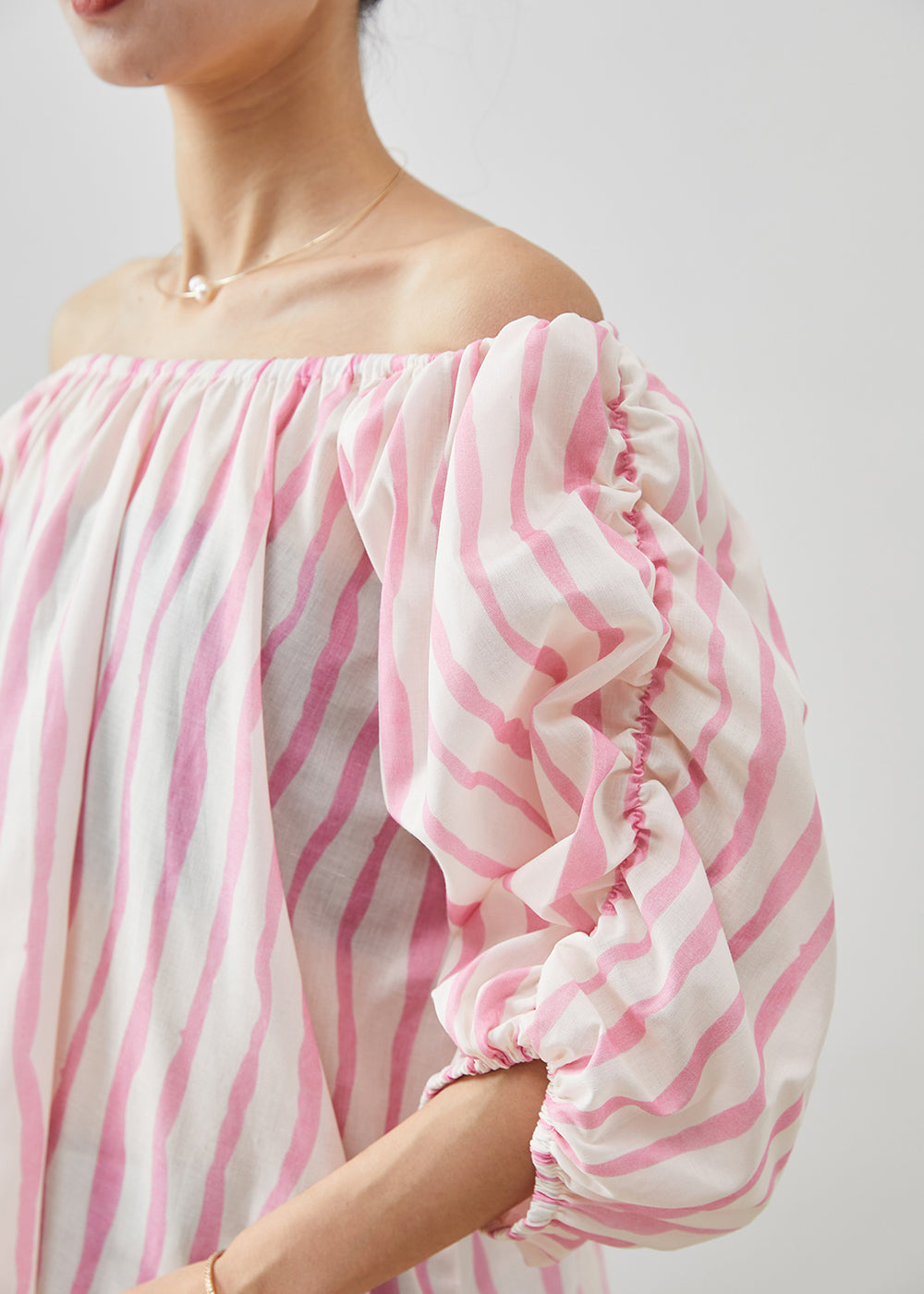 Pink Slash Neck Striped Cotton Shirt Puff Sleeve
