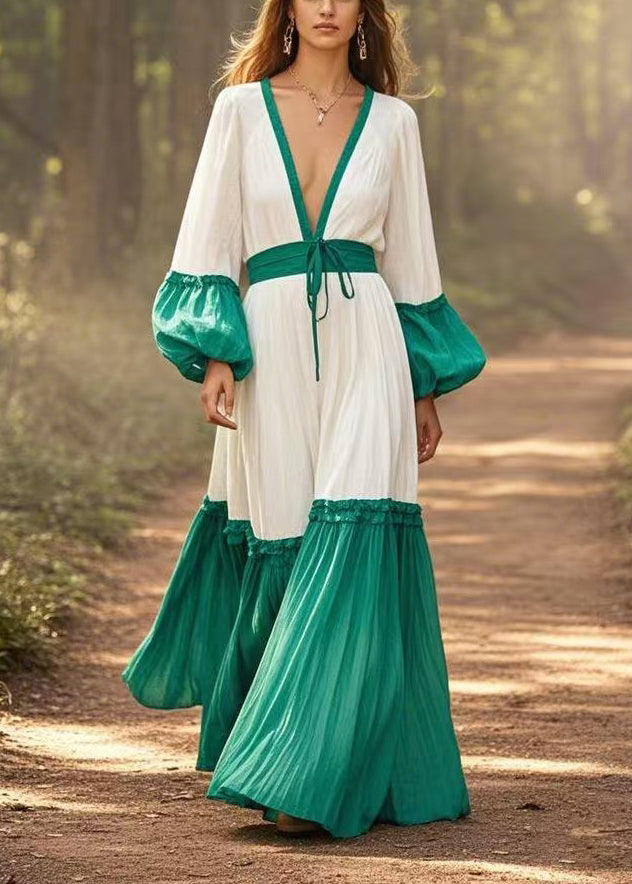 White Cinched Patchwork Cotton Maxi Dresses Lantern Sleeve