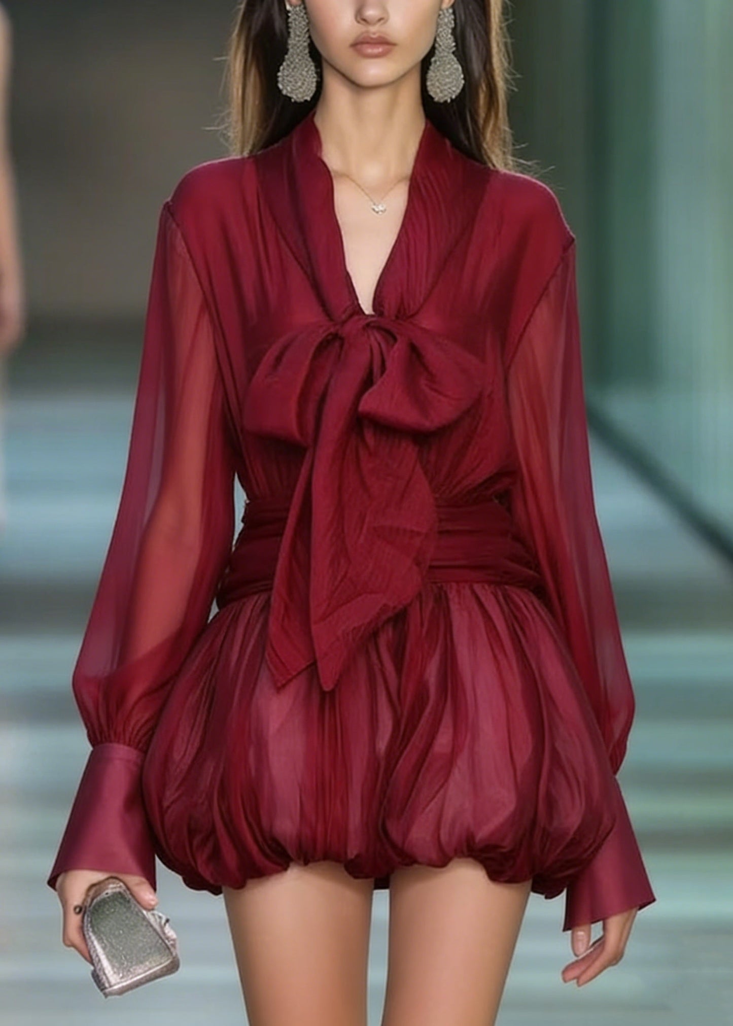 Red Lace Up Patchwork Chiffon Mini Dress Spring