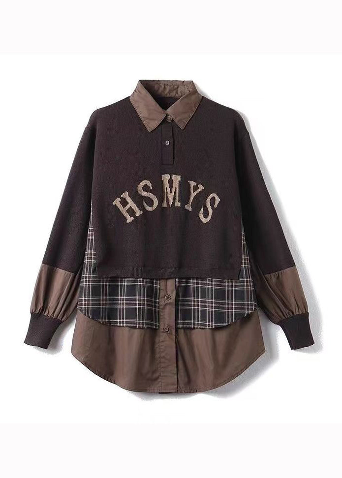 Coffee Peter Pan Collar False Two Pieces Knit Shirts Top Fall