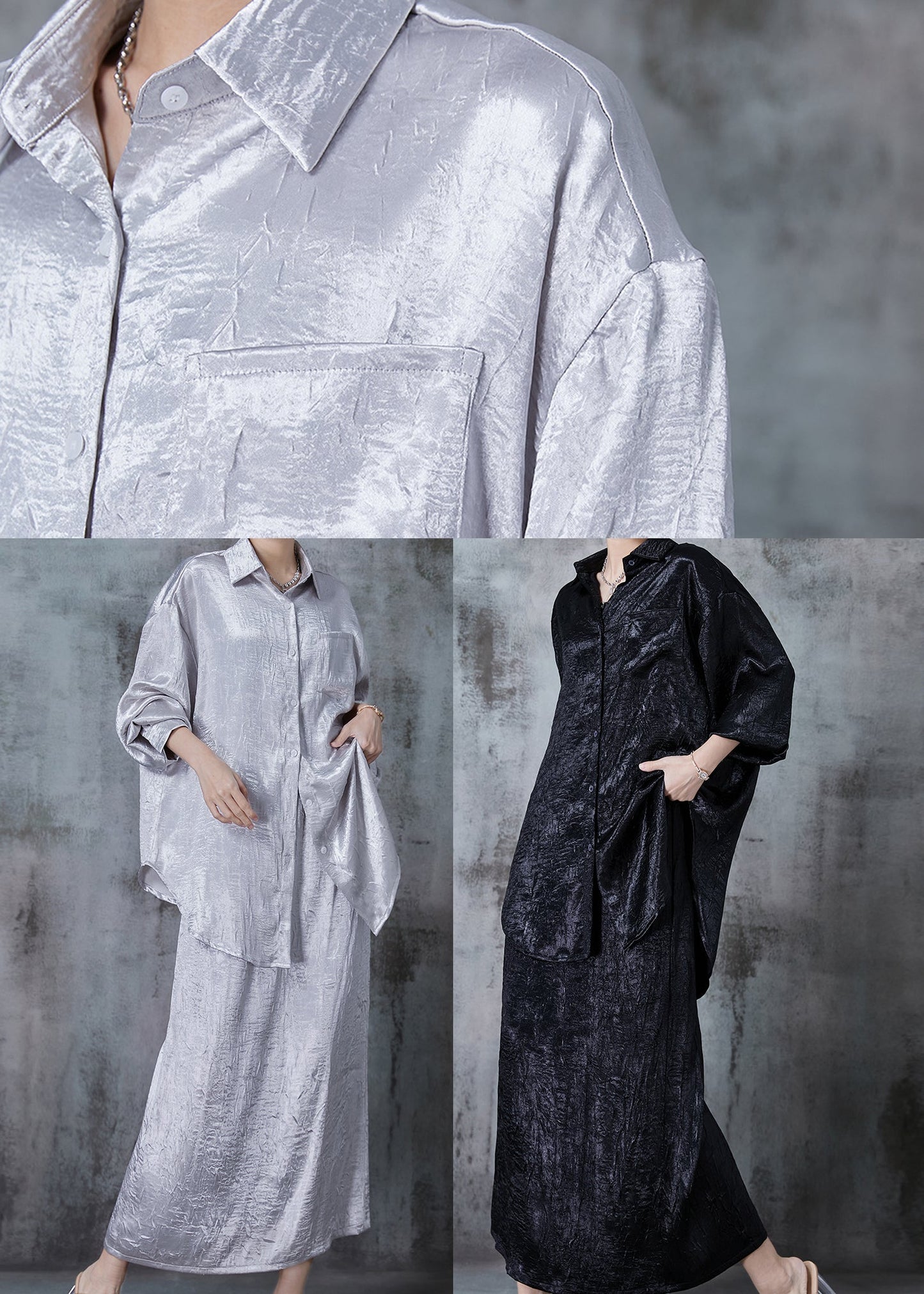 Black Silk Sets 2 Pieces Oversized Wrinkled Fall