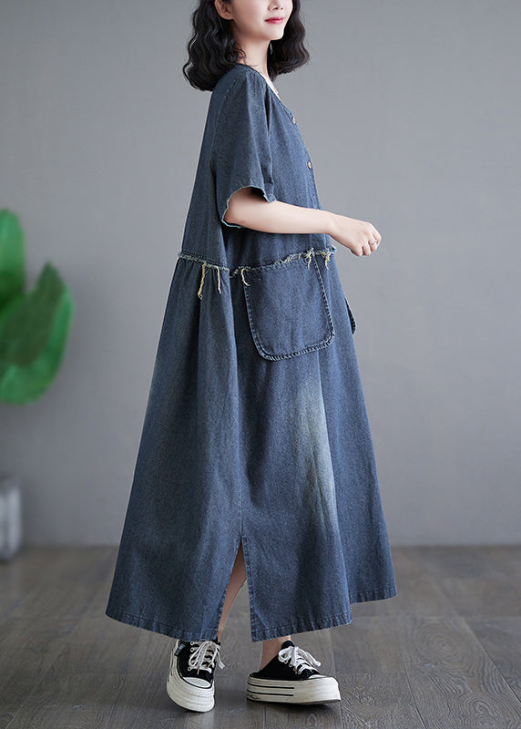 Denim Blue Patchwork Side Open Button Maxi Dresses Short Sleeve