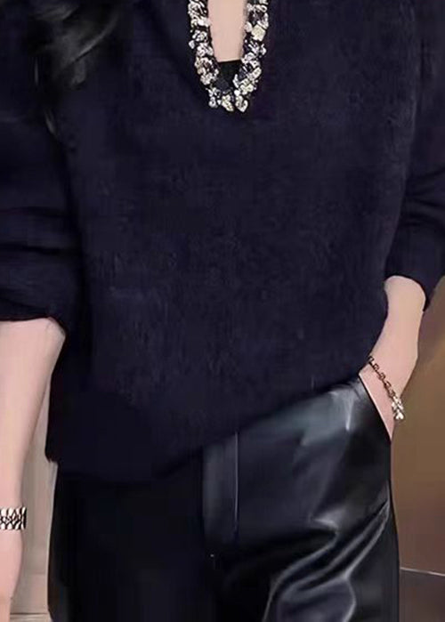 Black Peter Pan Collar Zircon Knitted Tops Fall