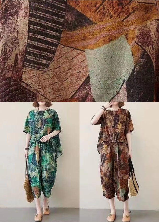 Chocolate O-neck Asymmetrical Design Print Cotton Two Pieces Set Summer