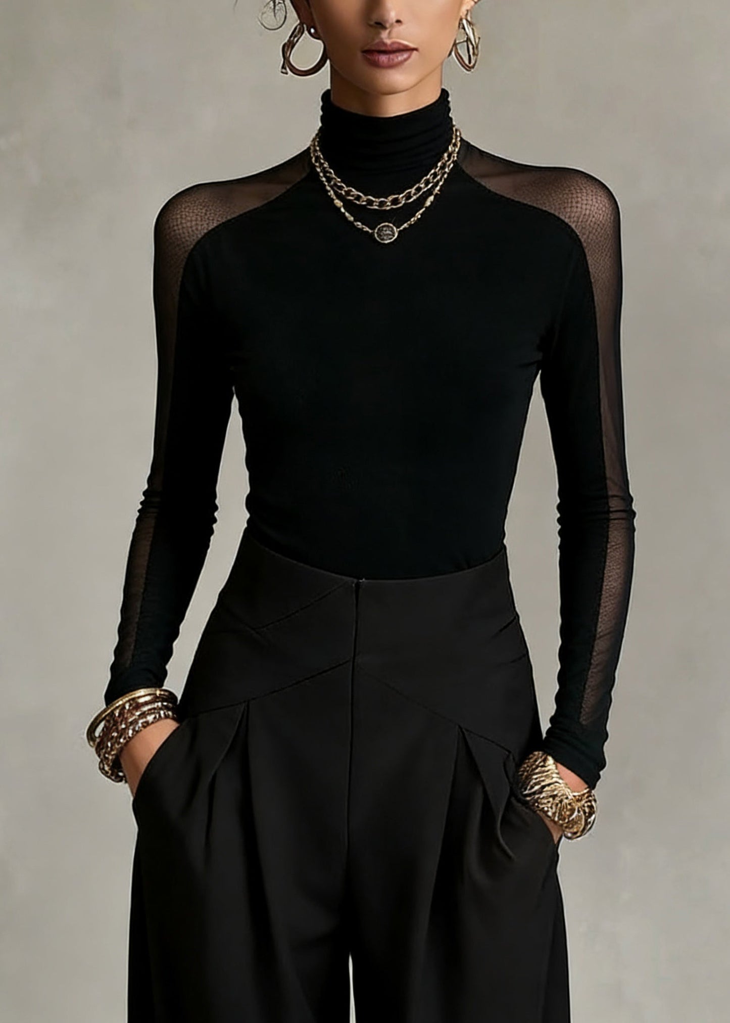 Black Turtleneck Patchwork Tulle Top Spring
