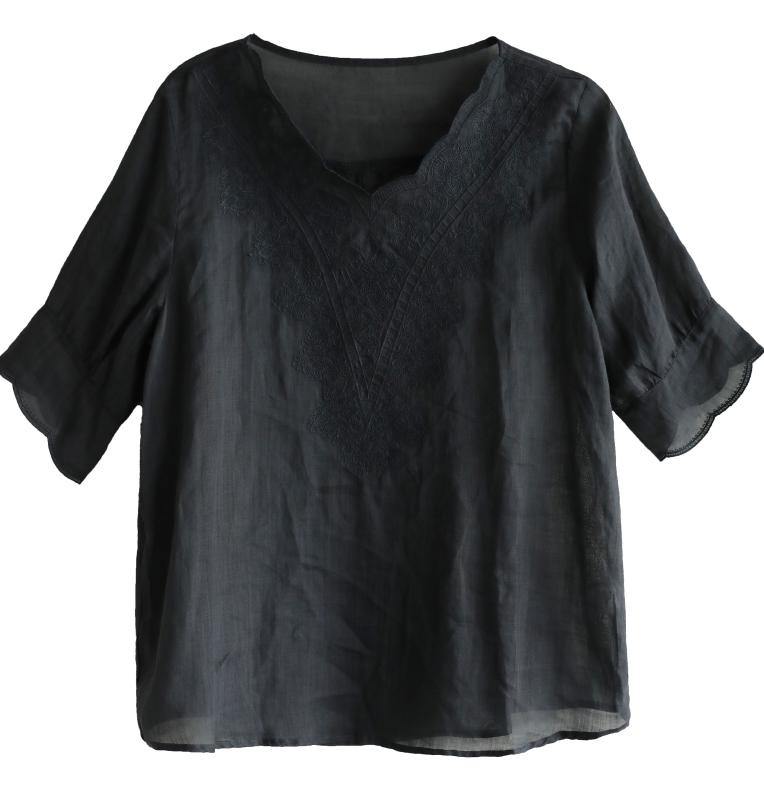 White Lace Linen Short Sleeve Blouses