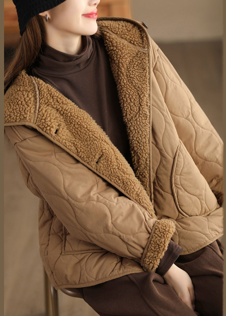Khaki Oversized Fleece Wool Lined Hooded Jacket Spring