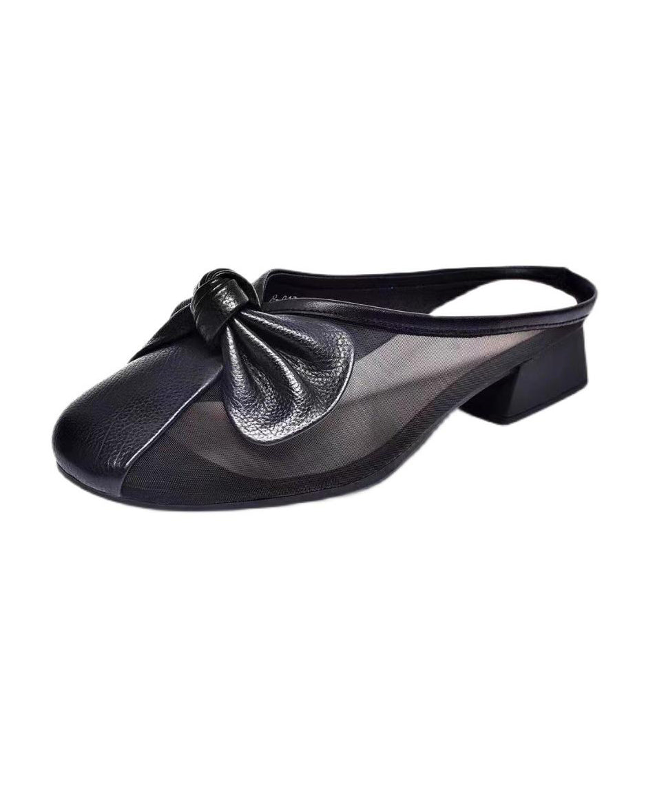 Bow Tulle Splicing Chunky Yellow Cowhide Leather Slide Sandals
