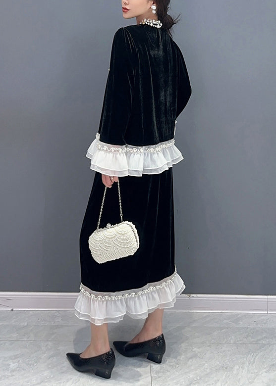 Classy Black O-neck Ruffled Tops and Skirts Velour Two Pieces Set Fall