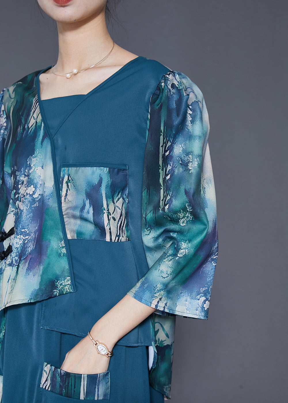 Navy Asymmetrical Patchwork Silk Oriental Dresses Two Piece Set Spring