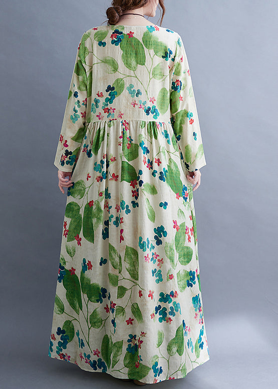 Green O-neck Cinched Print Long Dress Long Sleeve