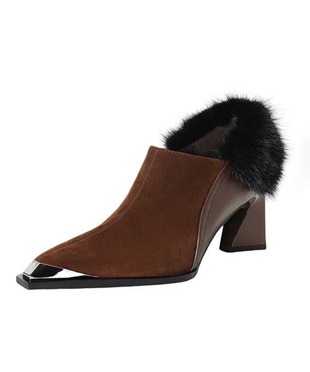 Brown High Heels Chunky Suede Splicing Fuzzy Fur