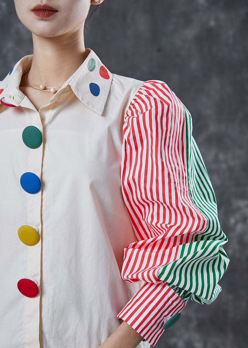 Classy White Puff Sleeve Patchwork Striped Cotton Blouses Spring
