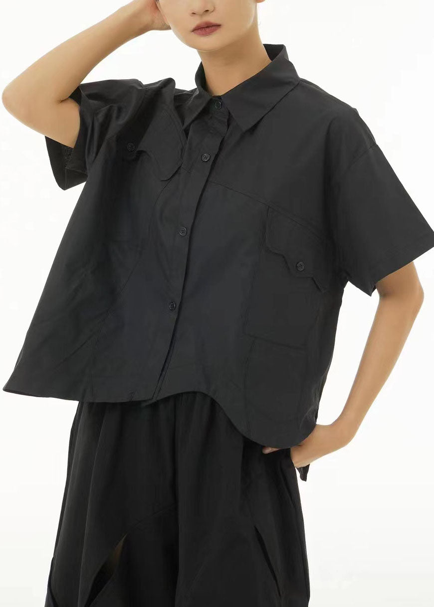 Black Asymmetrical Design Oversized Cotton Shirt Tops Summer