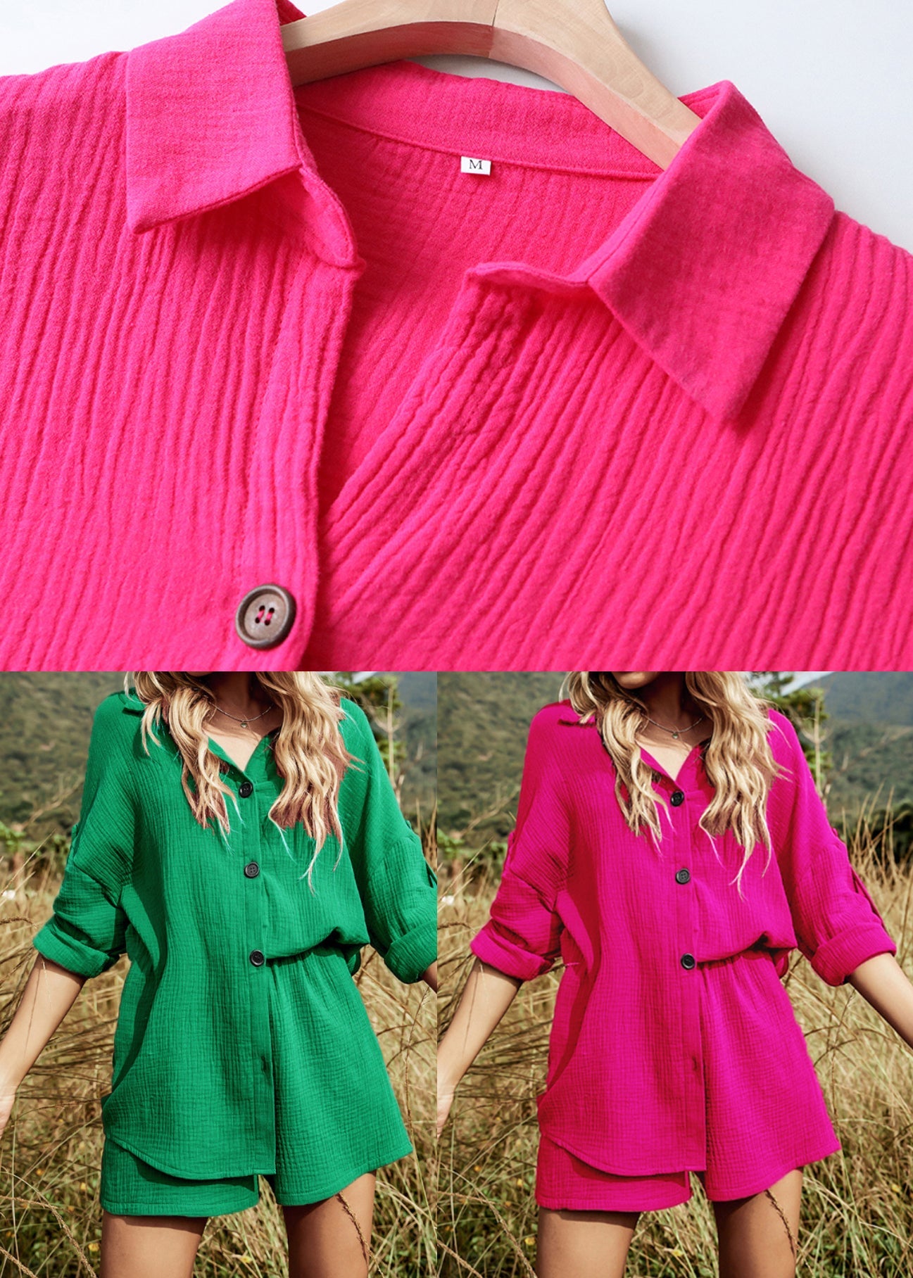 Tea Green Button Cotton Two Pieces Set Oversized Summer