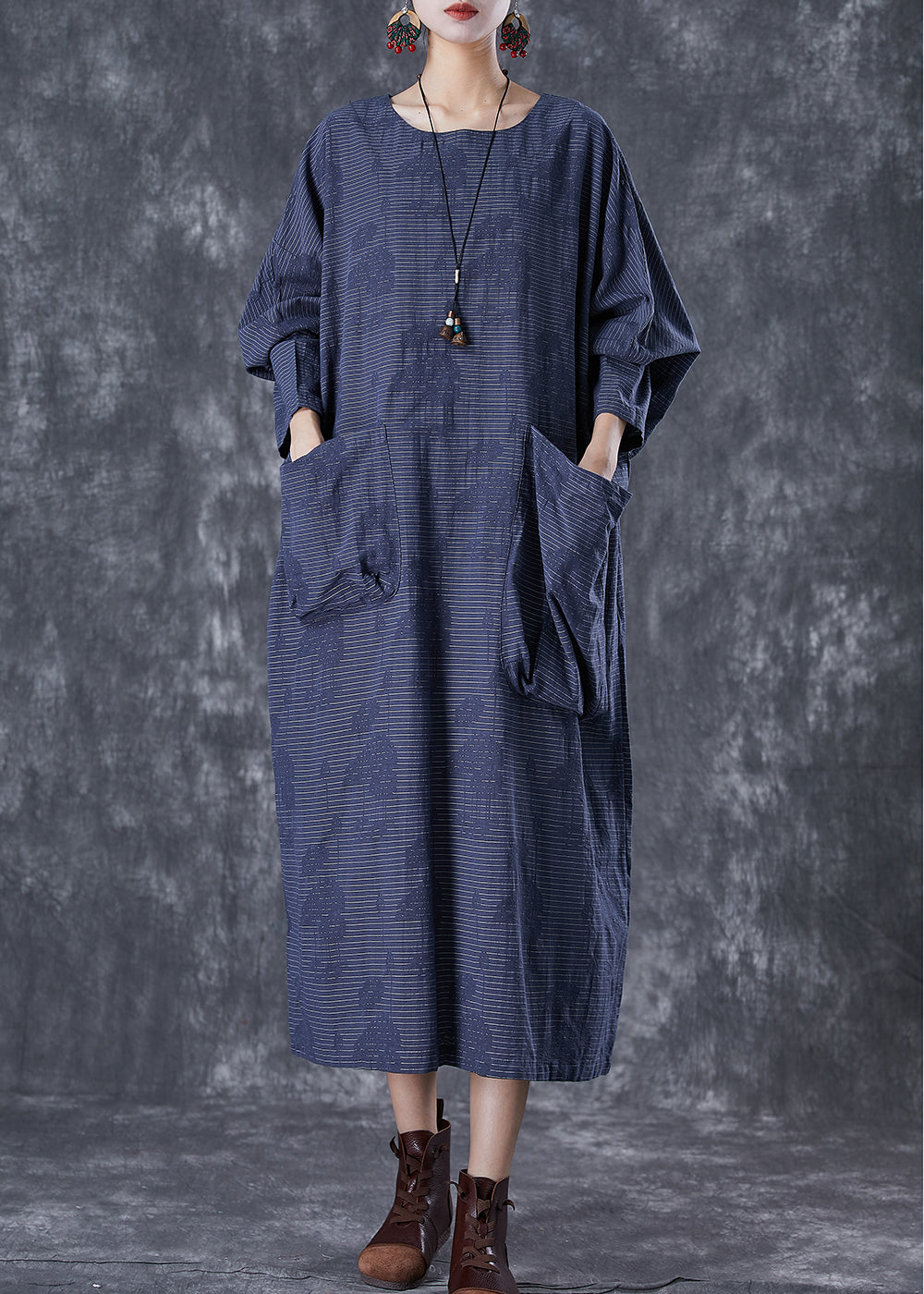Navy Asymmetrical Pockets Striped Linen Gown Dresses Fall