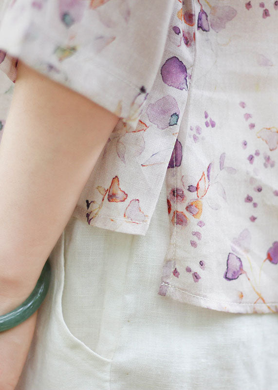 Light Purple O-neck Button Print Linen Blouse Top Spring