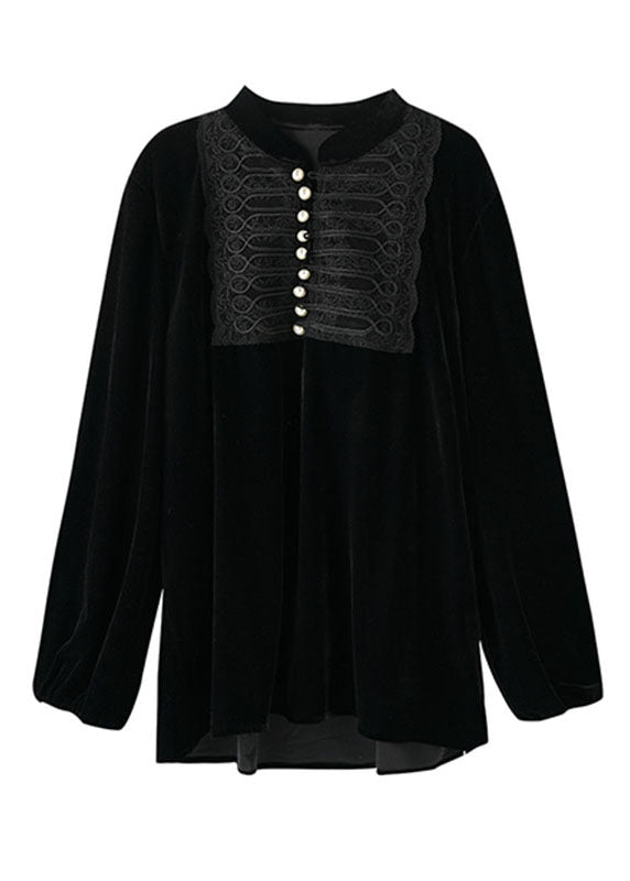Vogue Black O-neck Nail Bead Patchwork Silk Velour Top Fall