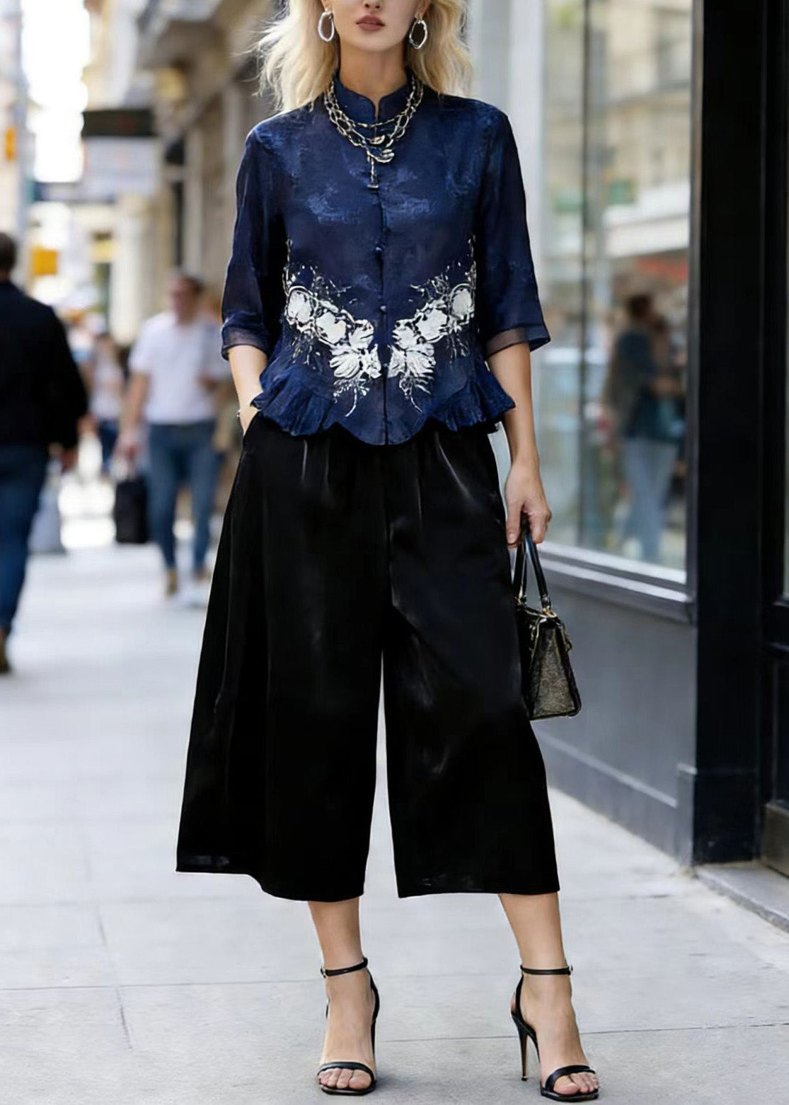 Chinese Style Stand Collar Ruffled Silk Two Pieces Set Summer