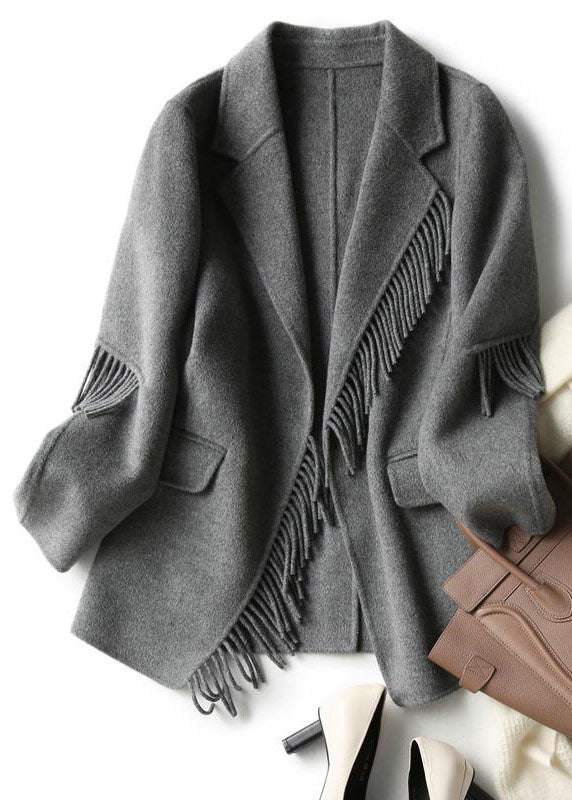 French Grey Notched Tassel Woolen Blend Coat Fall