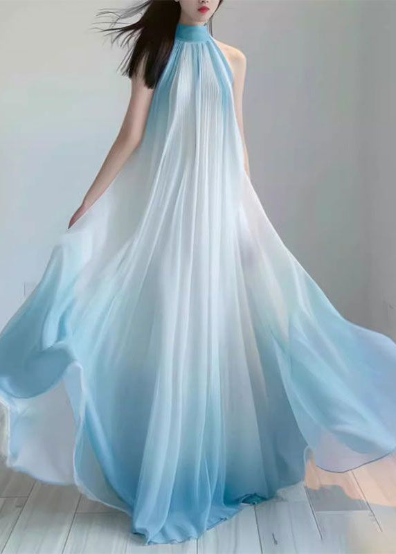 French Gradient Color Wrinkled Chiffon Long Dress Sleeveless Summer