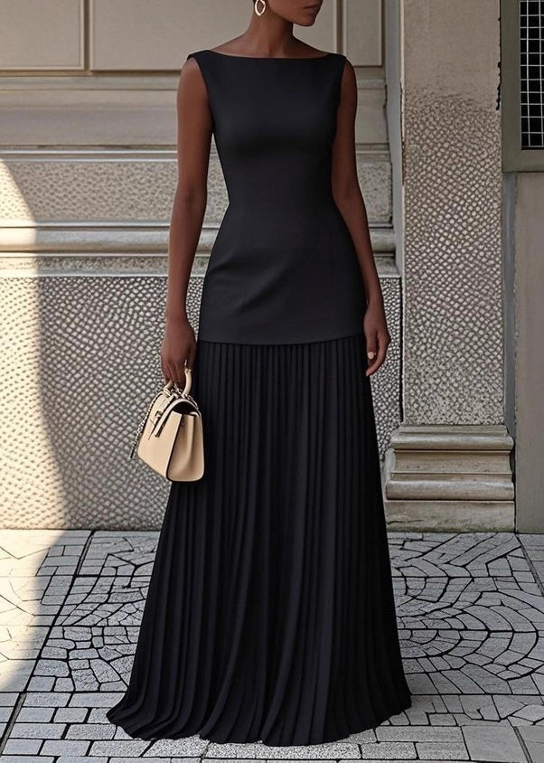 Simple Blue Wrinkled Tops and Skirts Two Pieces Set Sleeveless