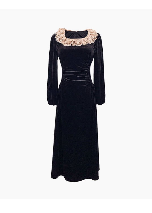French Black Square Collar Lace Slim Fit Velour Dresses Spring