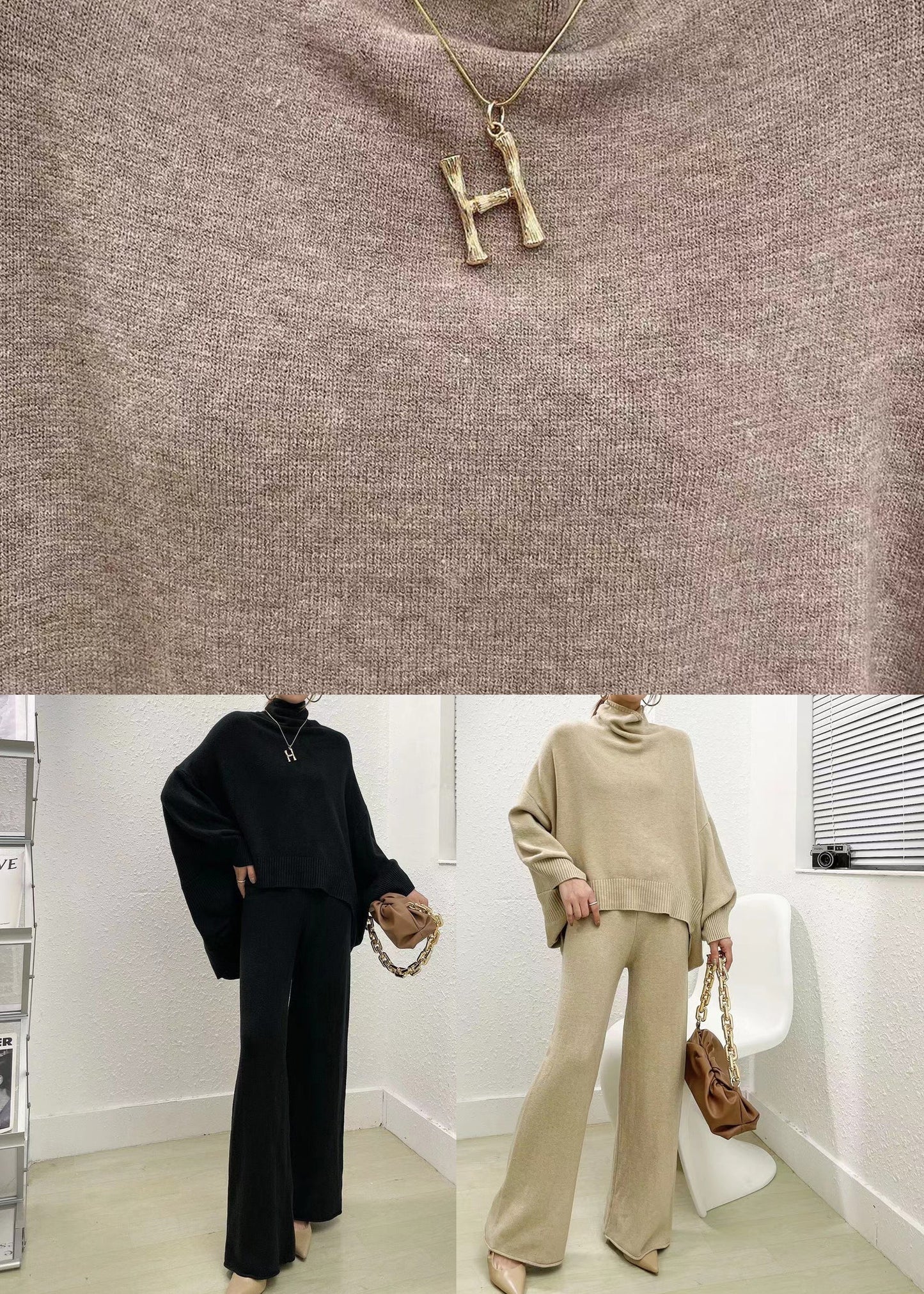 Apricot Tops and Pants Knit Two Pieces Set Hign Neck Batwing Sleeve