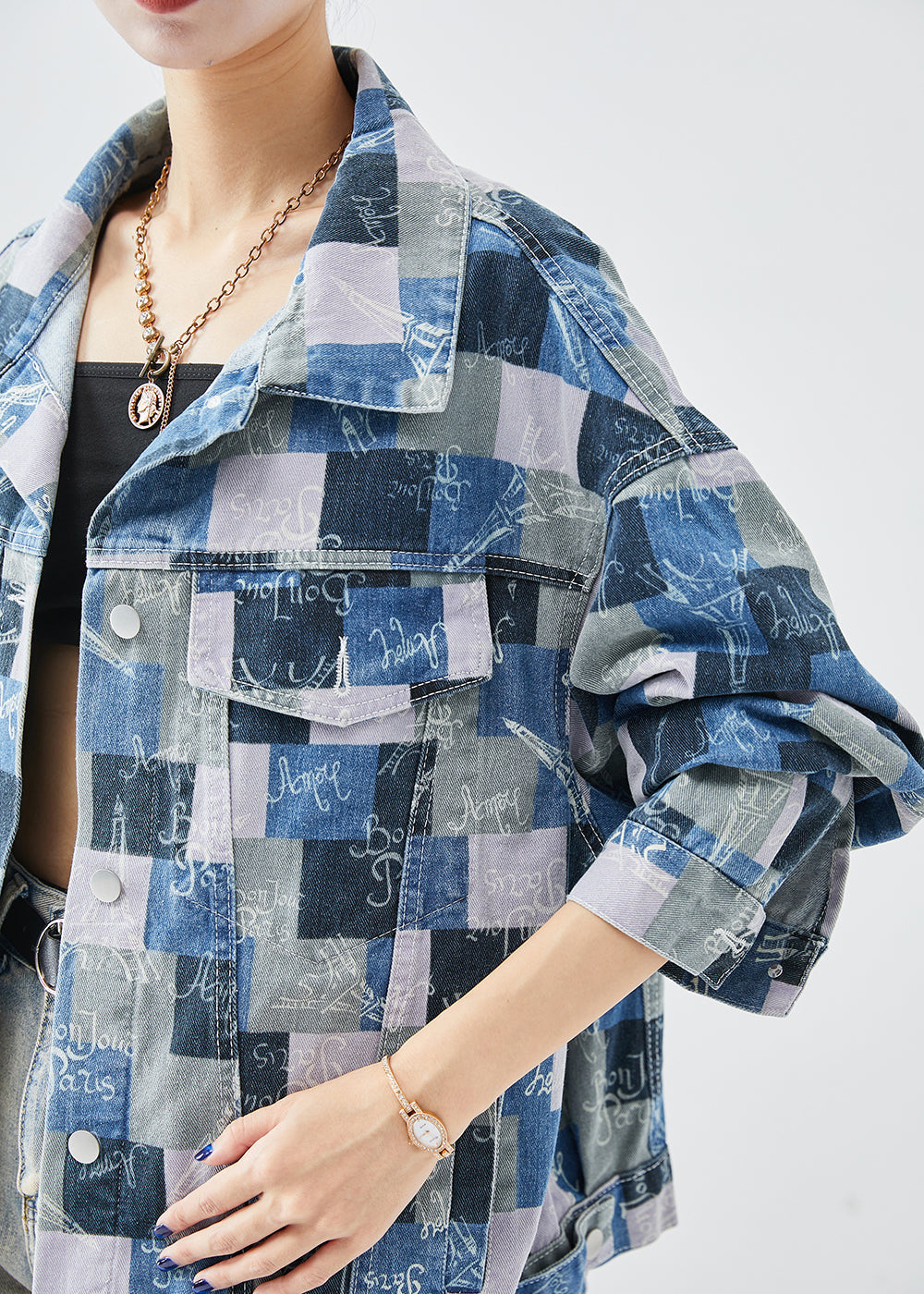 Colorblock Oversized Plaid Denim Coats Fall