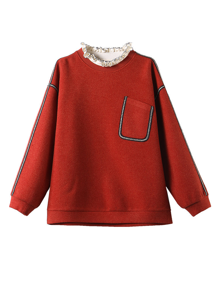 Red Ruffled Cotton Fake Two Piece Sweatshirts Tops Winter