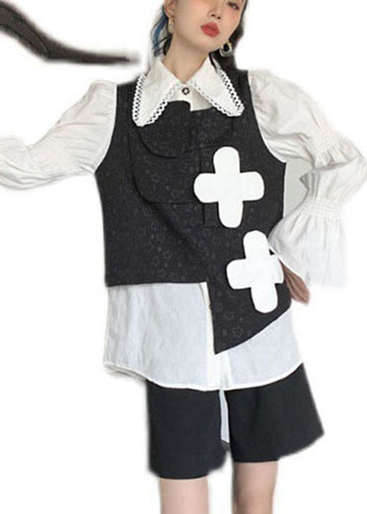 Black Print Asymmetrical Design Fall Vest