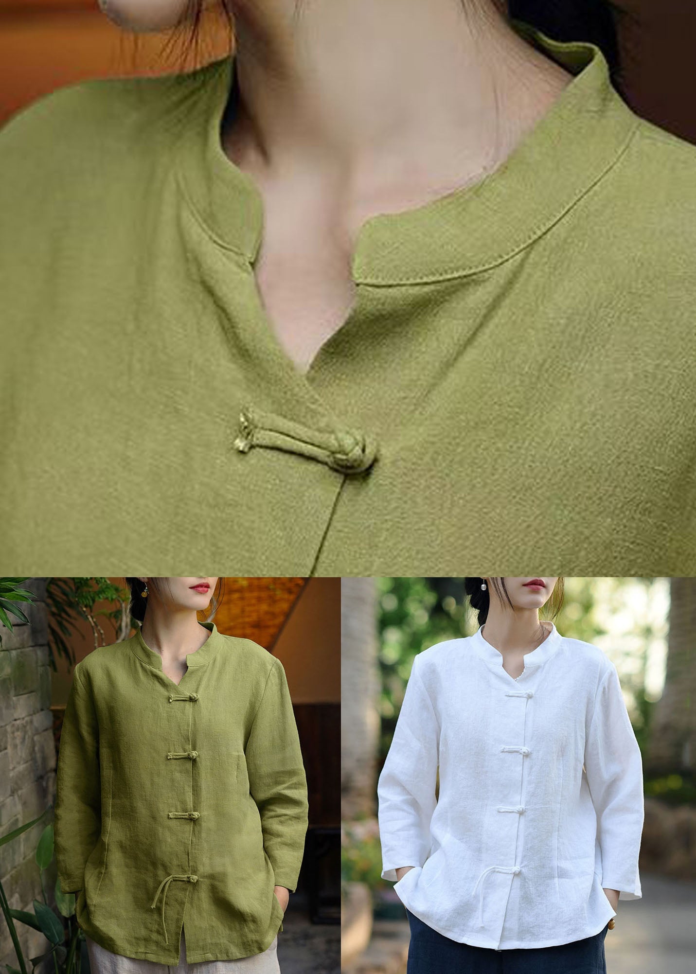 Green Stand Collar Button Linen Coats Long Sleeve